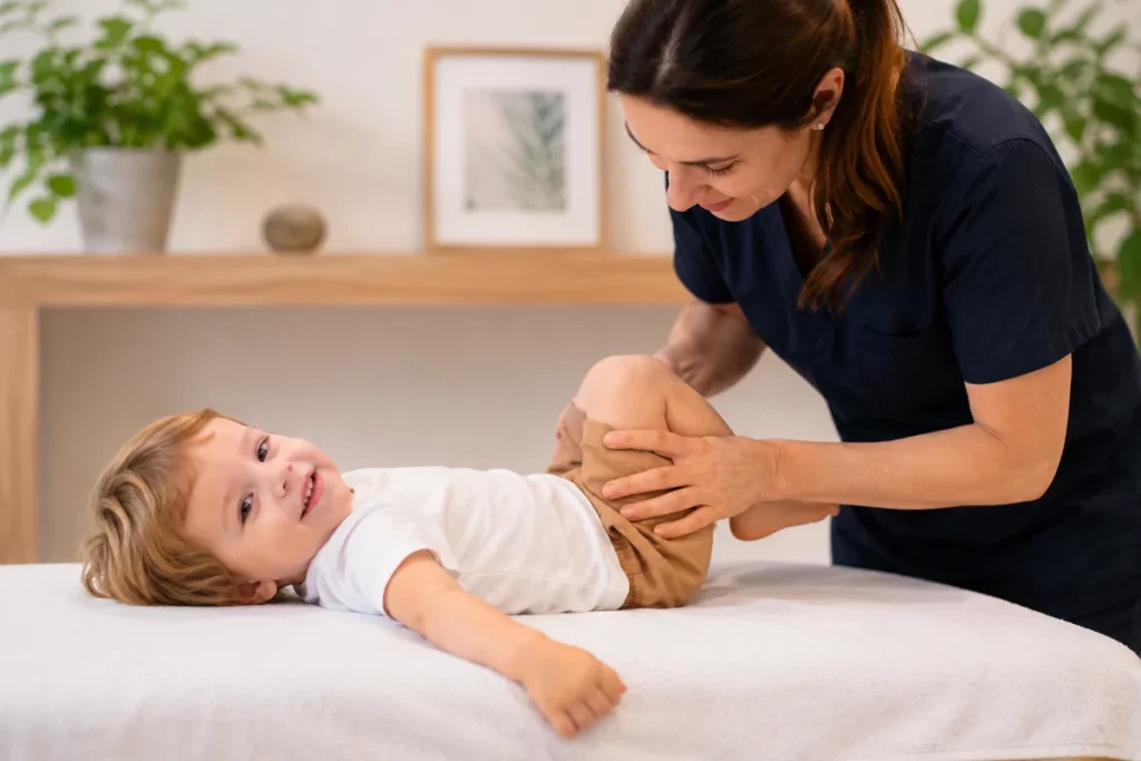 Ostéopathe mobilisant les membres inférieurs d'un jeune enfant