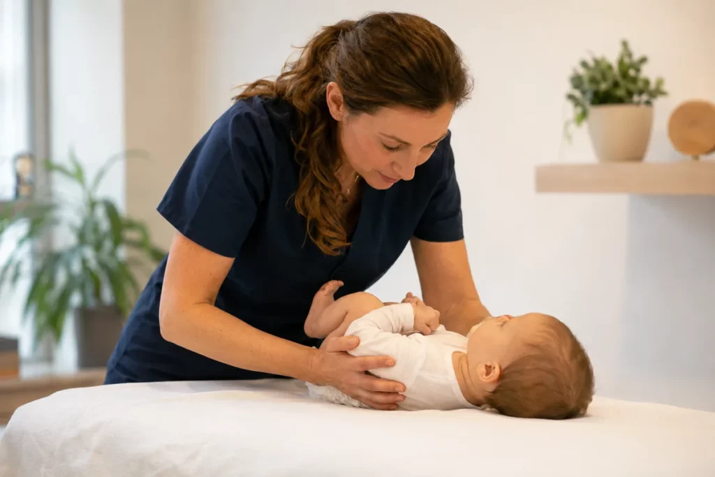 Ostéopathe examinant un nourrisson lors d'une consultation